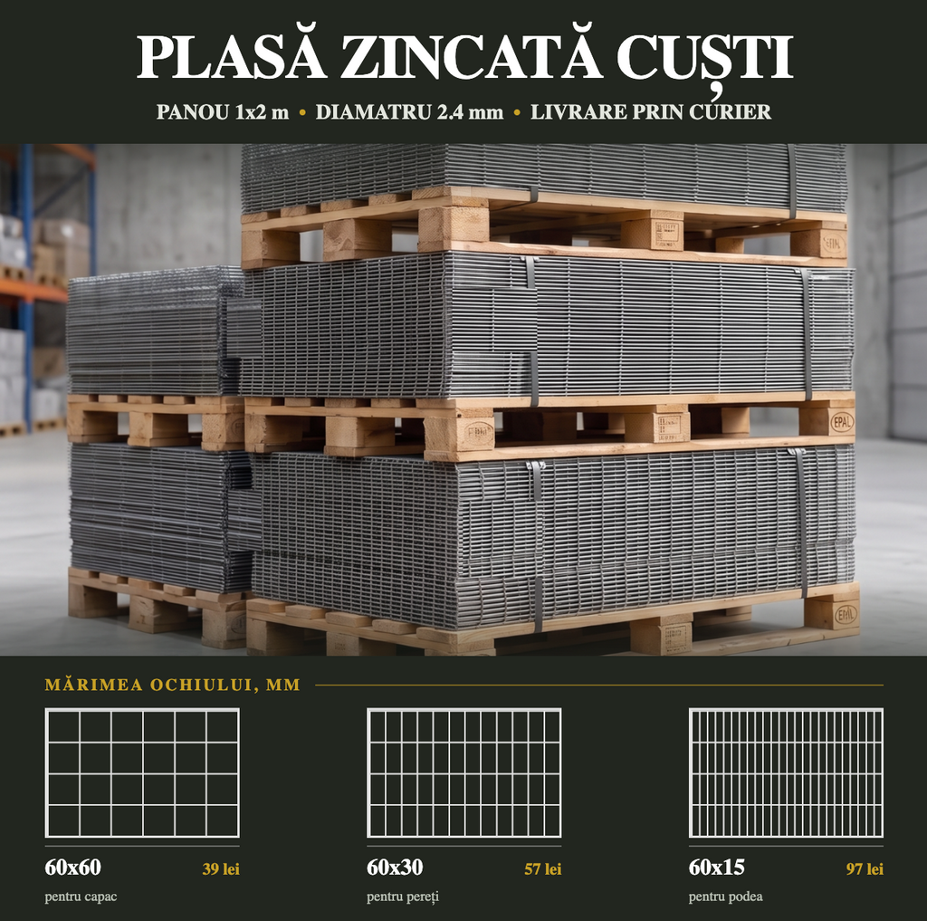 Plasă Cuști Zincată, Sudată în panou de 1000×2000 mm  | Achitare la primire | Livrare prin curier în toată țara